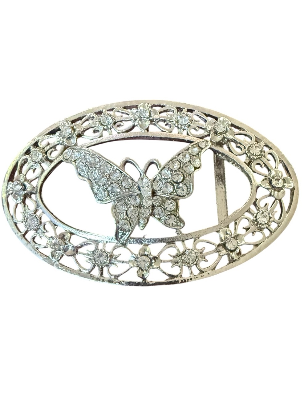 Vintage Butterfly Belt Buckle Crystal Rhinestone Silver-Tone Oval Women Jewelry